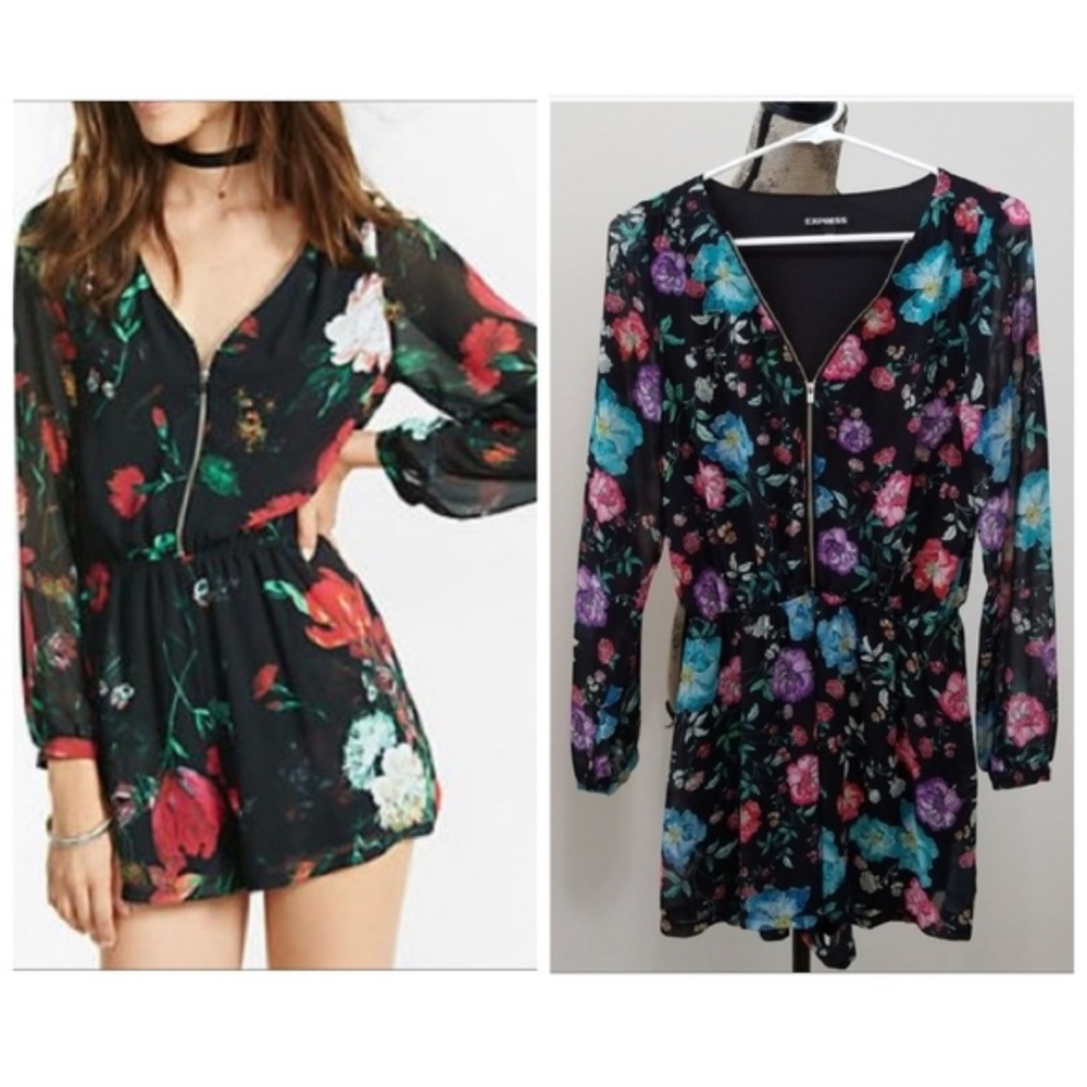 Express floral long sleeve zip front romper